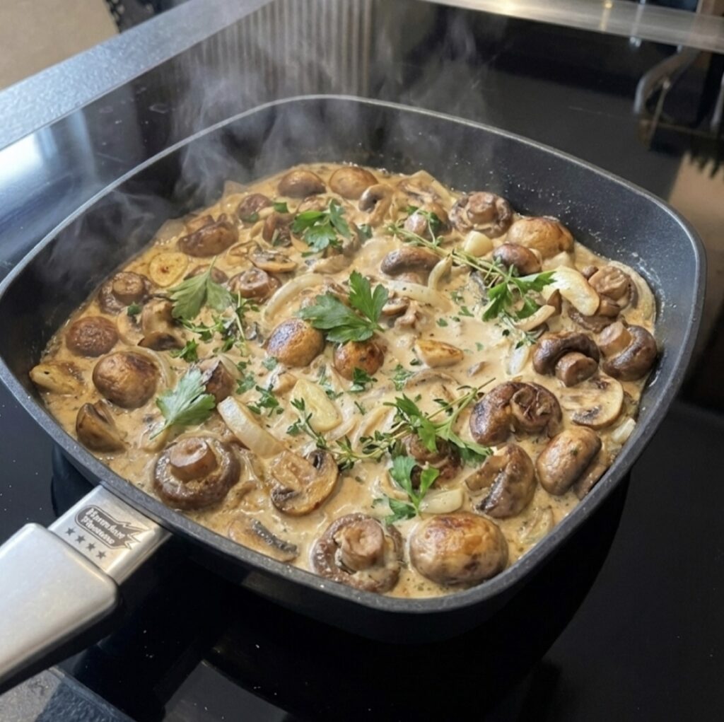 Cremige Champignon-Pfanne mit frischen Kräutern und Rahmsoße, perfekt gebraten in der Harecker Guss-Viereckpfanne.