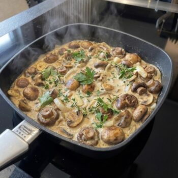 Cremige Champignon-Pfanne mit frischen Kräutern und Rahmsoße, perfekt gebraten in der Harecker Guss-Viereckpfanne.