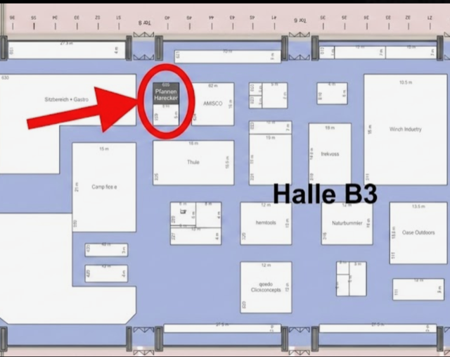 Hallenplan der f.re.e Messe München 2026 Halle B3: Standort Pfannen Harecker Stand 626 neben dem Gastro-Bereich und Thule