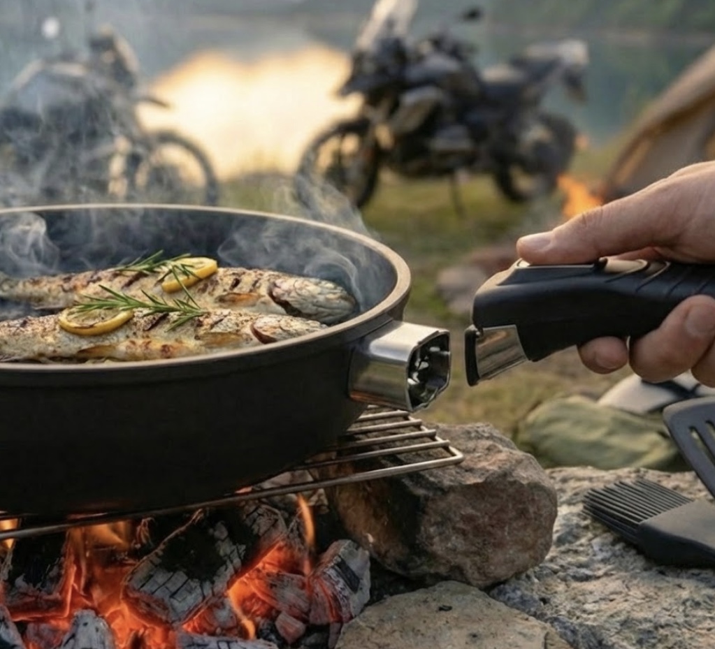 Leichtes Kochgeschirr für die Motorradtour im Einsatz: Der abnehmbare Griff wird sicher an die Pfanne mit gebratenem Fisch geklickt. Kochen über dem Lagerfeuer mit Motorrädern im Hintergrund.