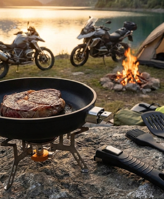 Leichtes Kochgeschirr für die Motorradtour: Harecker Pfanne mit abnehmbarem Griff auf einem Gaskocher, im Hintergrund zwei Motorräder beim Camping am See.