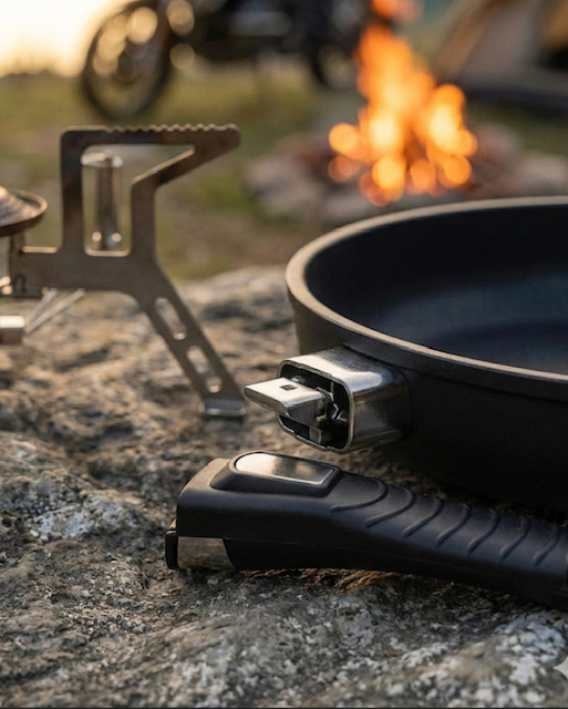 Nahaufnahme des Klick-Mechanismus: Der abnehmbare Griff liegt getrennt neben der Pfanne auf einem Felsen. Zeigt das platzsparende System für den Transport im Motorradkoffer.