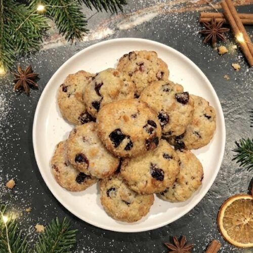Wenige, festliche Mini-Stollen angerichtet auf einem großen Teller auf einer dunklen Stein-Küchenarbeitsplatte mit weihnachtlicher Dekoration – Inspiration für die Weihnachtsbäckerei mit Pfannen Harecker.