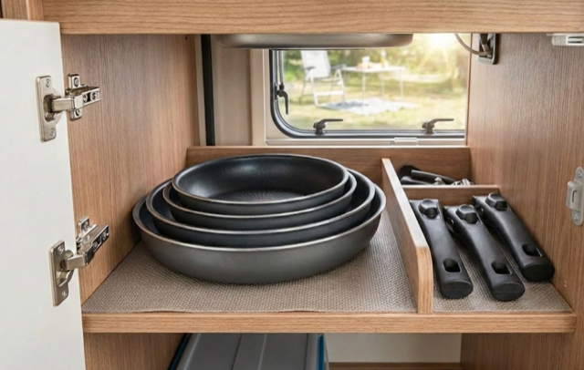 Stapelbare Pfannen im Wohnmobil Küchenschrank platzsparend