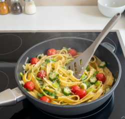 Frisch zubereitete Bandnudeln mit Okraschoten, leuchtend roten Kirschtomaten und knackigem Lauch, appetitlich angerichtet und dampfend heiß direkt aus der Pfanne serviert.