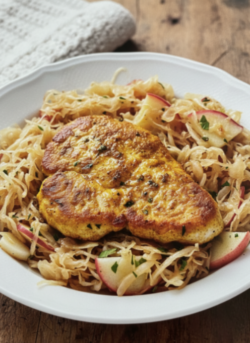 Putenschnitzel gebraten auf einem Apfel-Sauerkraut in einem weißen Teller serviert.