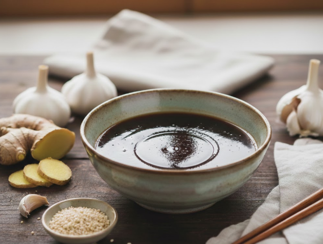 Selbstgemachte Teriyake Sauce in einer grauen Schale. Im Bild sind Ingwer, Knoblauch und Sesamkörner enthalten, sowie 2 Eßstäbchen