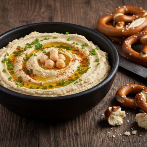 Eine Schale cremiger bayerischer Hummus mit Kichererbsen, Olivenöl und Schnittlauch, serviert mit bayerischen Laugenbrezeln auf einem dunklen Holztisch.