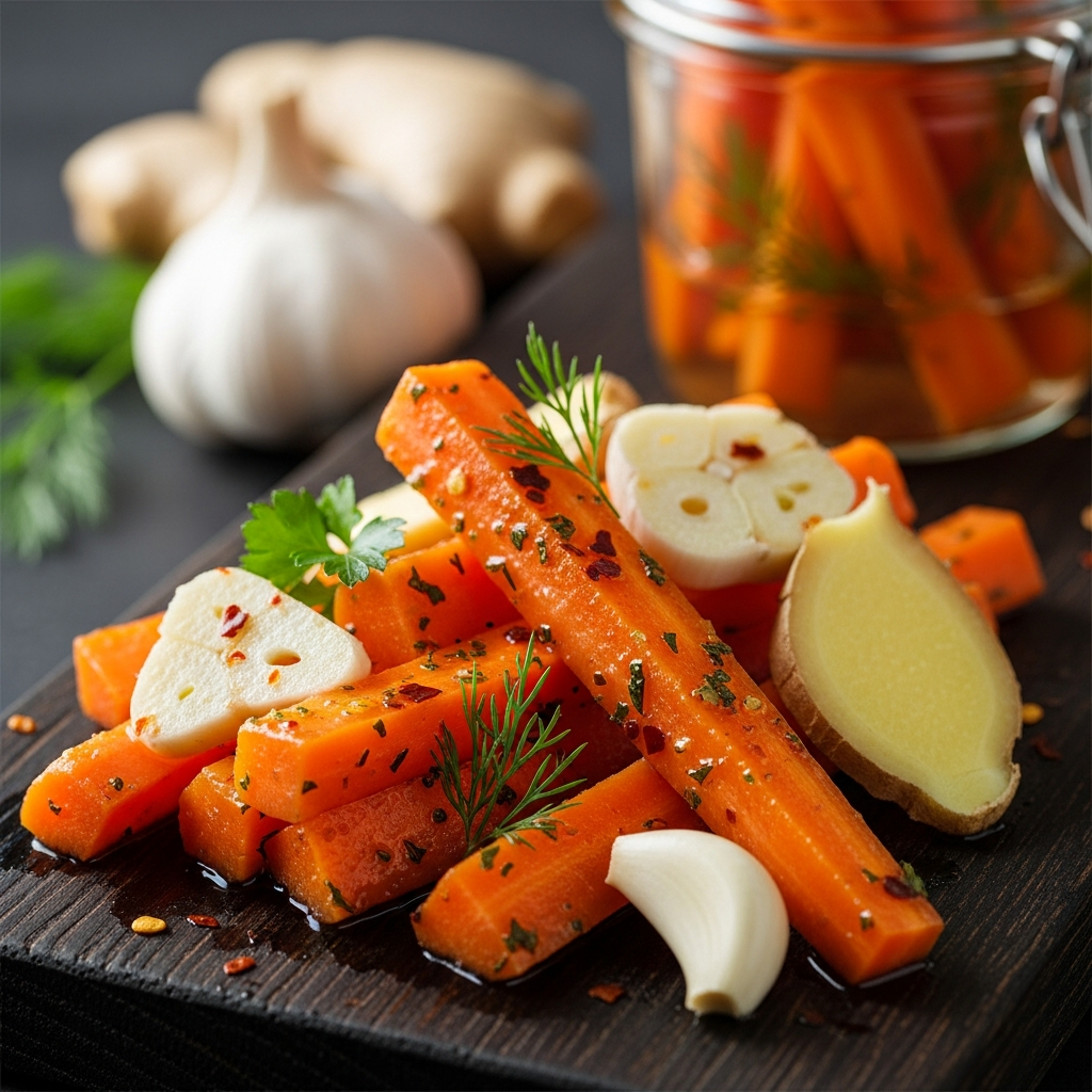 Fermentierte Karotten auf einem Teller angerichtet mich etwas Knoblauch und Kräutern präsentiert.