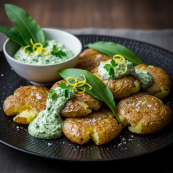 Smashed Potatoes mit Bärlauch-Zitronen-Dip verführisch knusprig auf einem schwarzen Teller angerichtet.