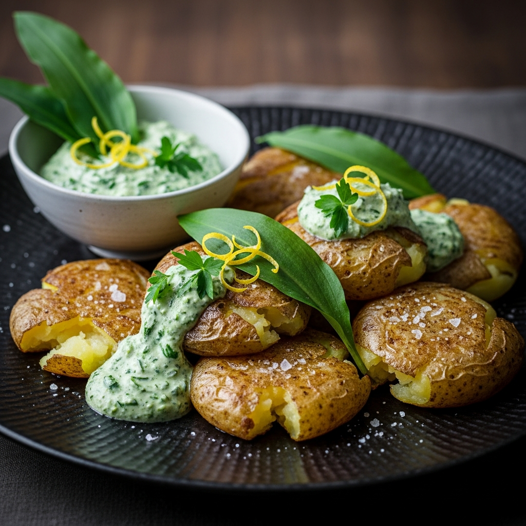 Smashed Potatoes mit Bärlauch-Zitronen-Dip verführisch knusprig auf einem schwarzen Teller angerichtet.