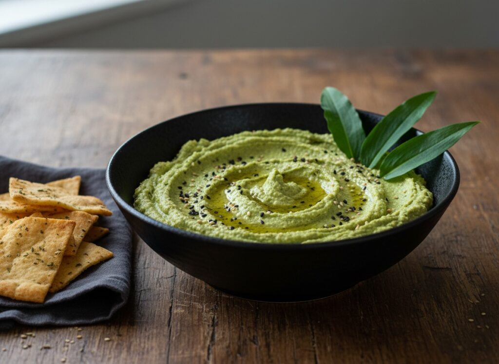 Grüner Bärlauch-Hummus in einer schwarzen Schale garniert mit Olivenöl, Sesam und frischen Blättern, serviert mit Crackern auf einem Holztisch. Als eine gesunde Alternative von Haselkätzchen