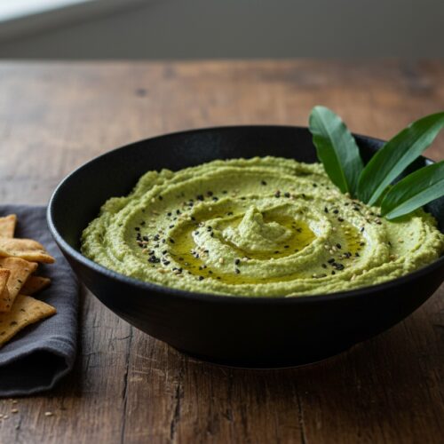 Grüner Bärlauch-Hummus in einer schwarzen Schale garniert mit Olivenöl, Sesam und frischen Blättern, serviert mit Crackern auf einem Holztisch.