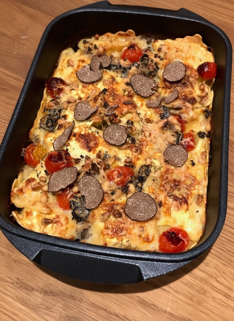Überbackener Ravioli-Auflauf mit frischen Trüffelscheiben, Kirschtomaten und Pinienkernen in einer schwarzen, rechteckigen Backform auf einem Holztisch.