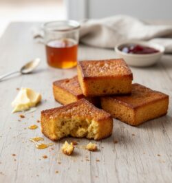 Honey Butter Brioche Toast auf einer Arbeitsplatte in der Küche mit etwas Honig im Hintergrund.