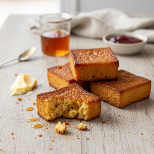Honey Butter Brioche Toast auf einer Arbeitsplatte in der Küche mit etwas Honig im Hintergrund.