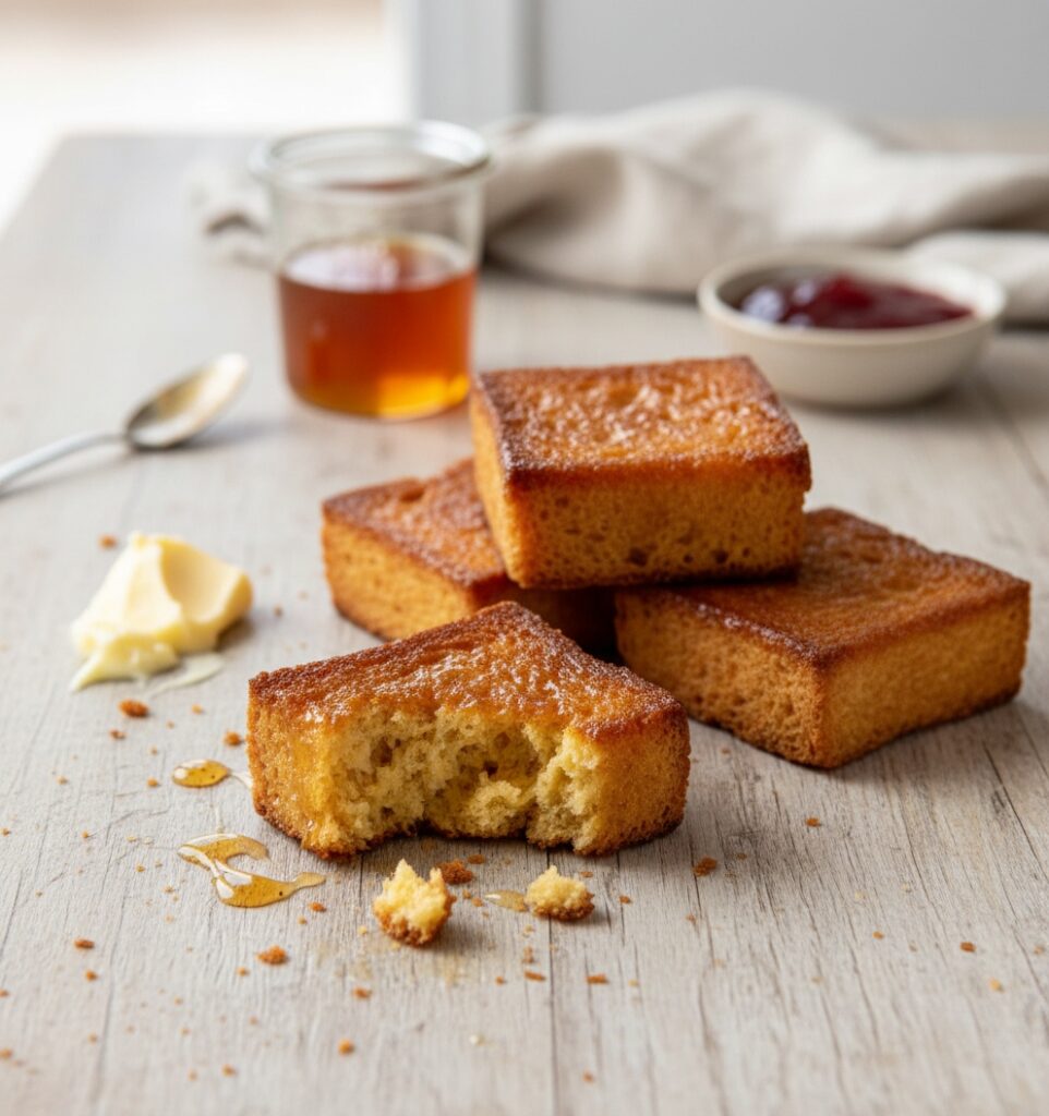 Honey Butter Brioche Toast auf einer Arbeitsplatte in der Küche mit etwas Honig im Hintergrund.