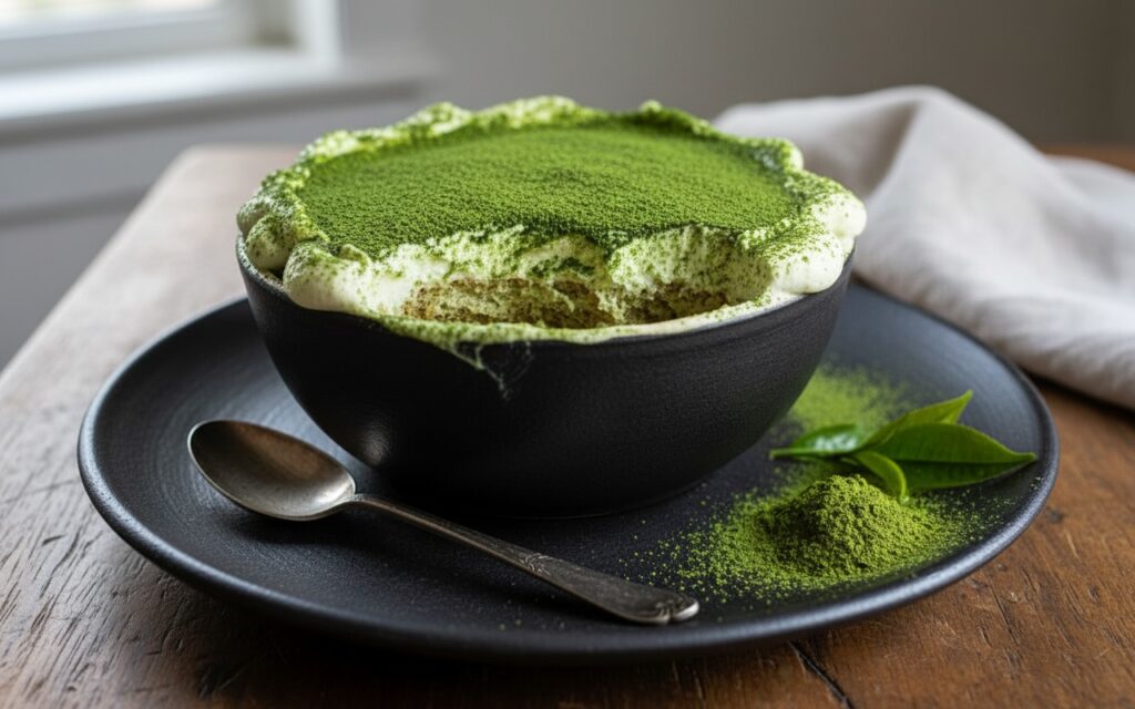 Ein köstliches Matcha-Dessert, elegant angerichtet in hochwertigem Geschirr von Pfannen Harecker, ergänzt durch frisches Teepulver und Blätter.