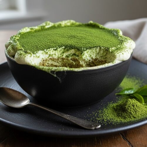 Ein köstliches Matcha-Dessert, elegant angerichtet in hochwertigem Geschirr von Pfannen Harecker, ergänzt durch frisches Teepulver und Blätter.