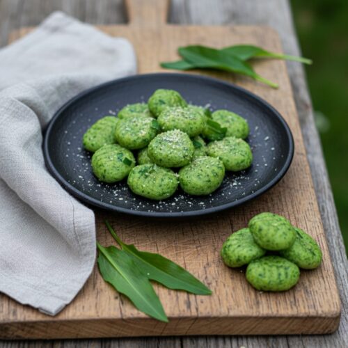 Grüne Bärlauch-Gnocchi mit Parmesan bestreut auf einem schwarzen Teller, serviert auf einem Holzbrett neben frischen Bärlauchblättern.
