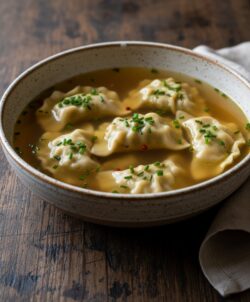 Eine Schüssel mit Maultaschen in klarer Brühe, garniert mit Schnittlauch, auf einem Holztisch.