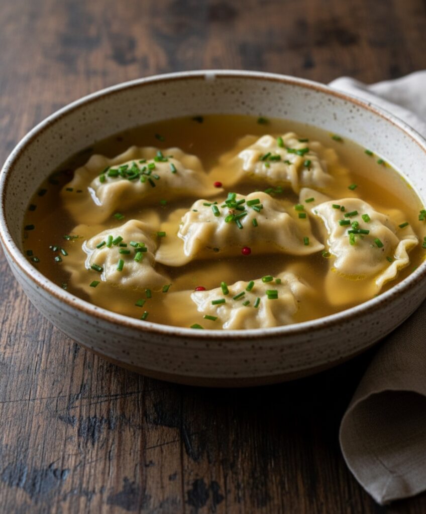 Eine Schüssel mit Maultaschen in klarer Brühe, garniert mit Schnittlauch, auf einem Holztisch.