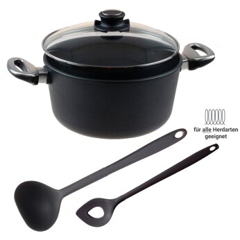 Premium-Kochtopf Sparset 4-teilig f&uuml;r alle Herdarten &ndash; mit Glasdeckel, Sch&ouml;pfkelle &amp; Backl&ouml;ffel anthrazit