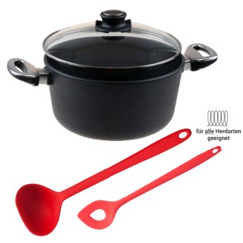 Premium-Kochtopf Sparset 4-teilig f&uuml;r alle Herdarten &ndash; mit Glasdeckel, Sch&ouml;pfkelle &amp; Backl&ouml;ffel rot