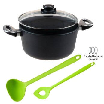 Premium-Kochtopf Sparset 4-teilig f&uuml;r alle Herdarten &ndash; mit Glasdeckel, Sch&ouml;pfkelle &amp; Backl&ouml;ffel limette
