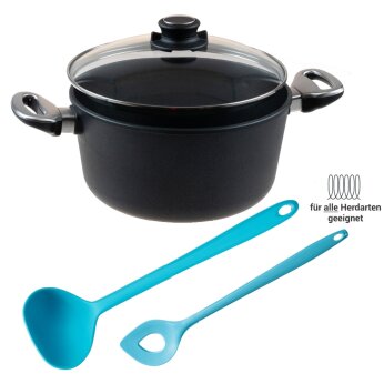 Premium-Kochtopf Sparset 4-teilig f&uuml;r alle Herdarten &ndash; mit Glasdeckel, Sch&ouml;pfkelle &amp; Backl&ouml;ffel t&uuml;rkis