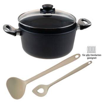 Premium-Kochtopf Sparset 4-teilig f&uuml;r alle Herdarten &ndash; mit Glasdeckel, Sch&ouml;pfkelle &amp; Backl&ouml;ffel taupe